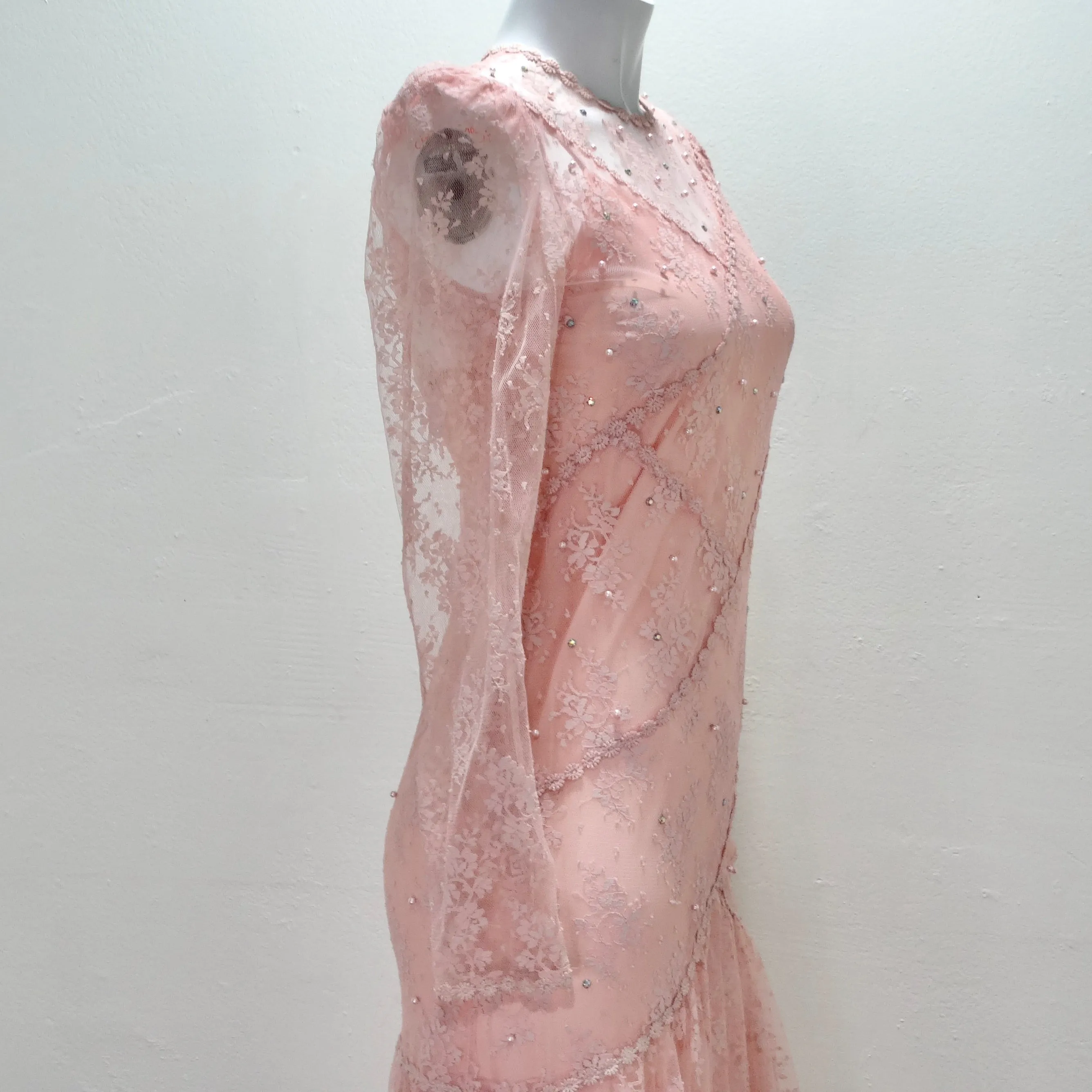 1980s Pink Lace Layered Slip & Long Sleeve Dress