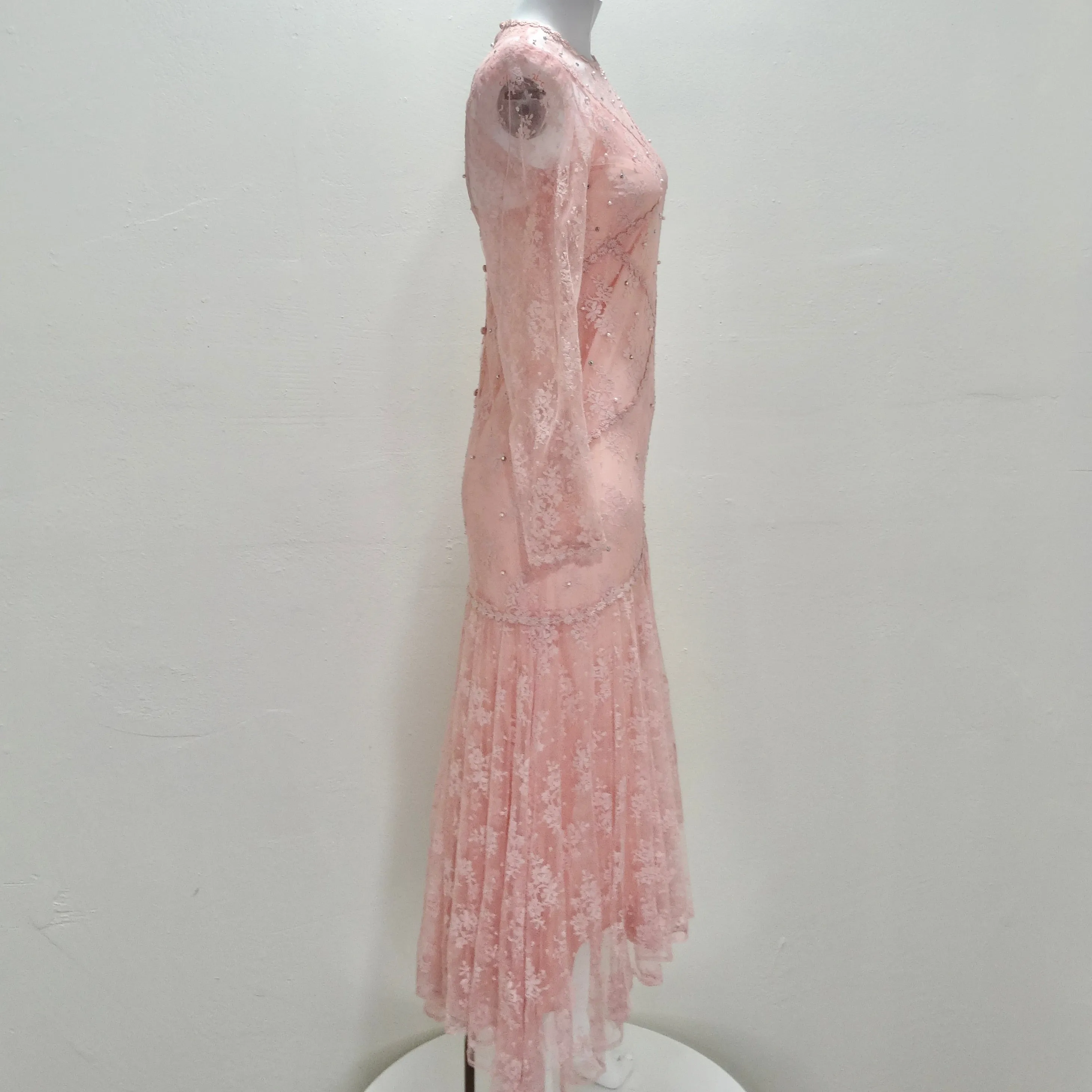 1980s Pink Lace Layered Slip & Long Sleeve Dress