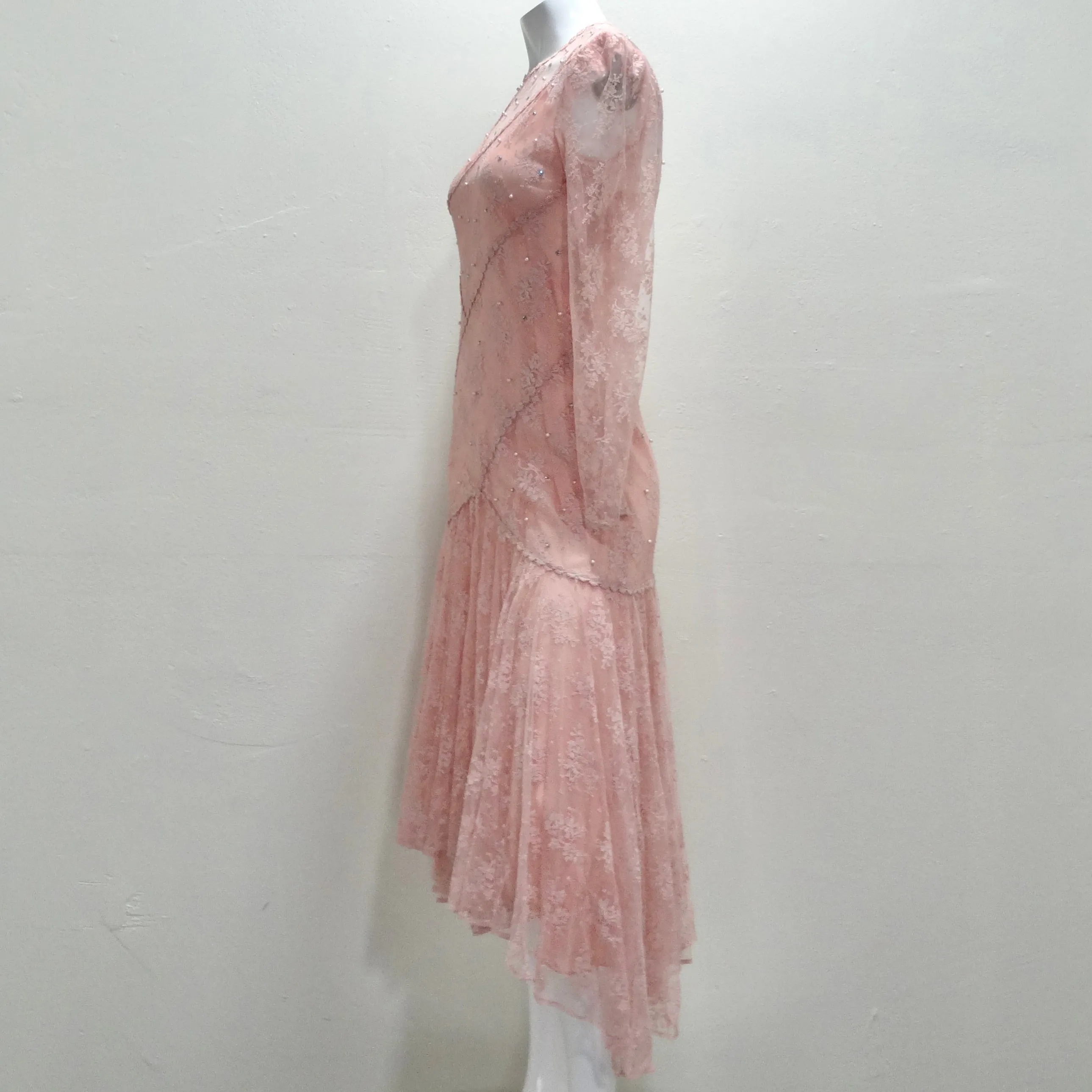 1980s Pink Lace Layered Slip & Long Sleeve Dress
