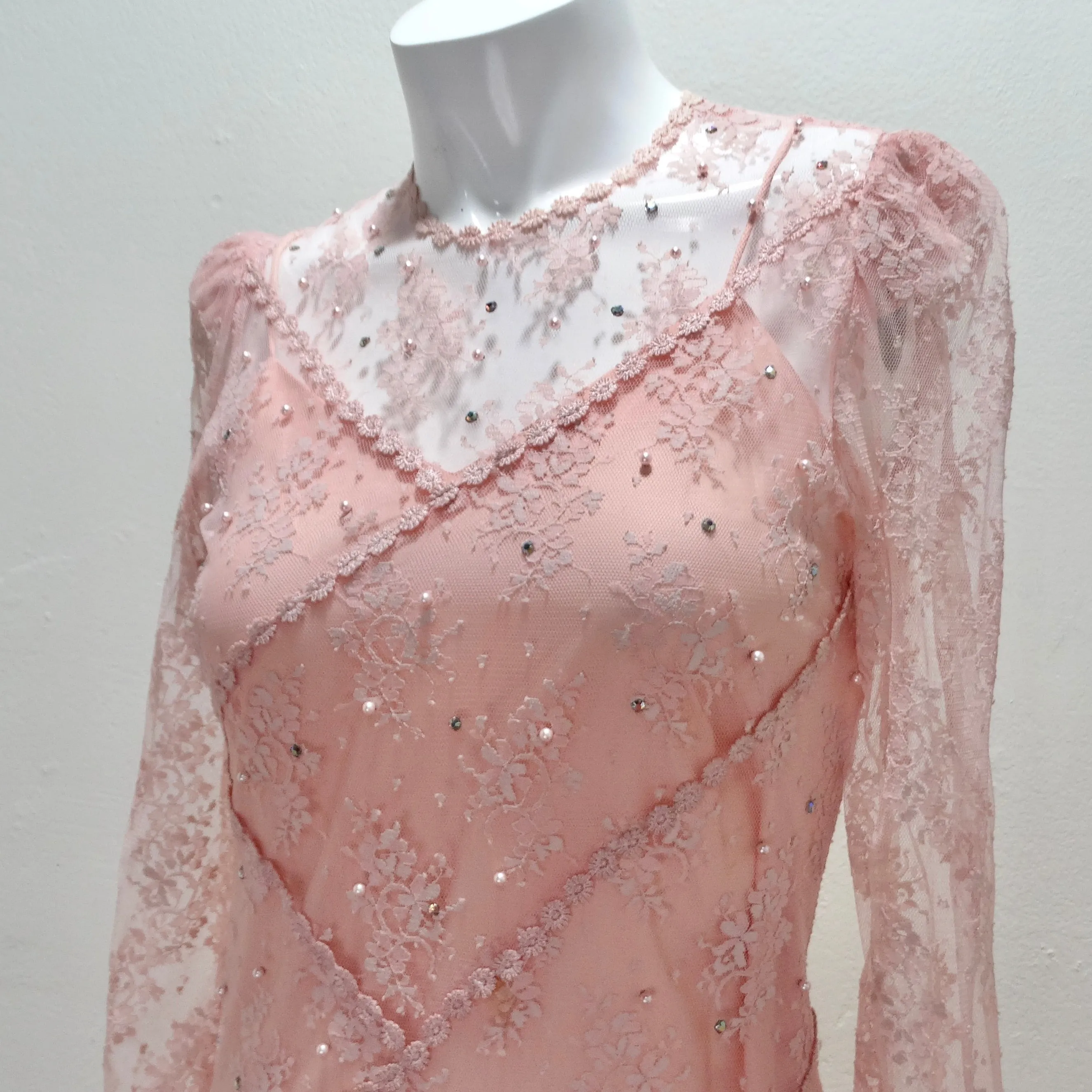 1980s Pink Lace Layered Slip & Long Sleeve Dress