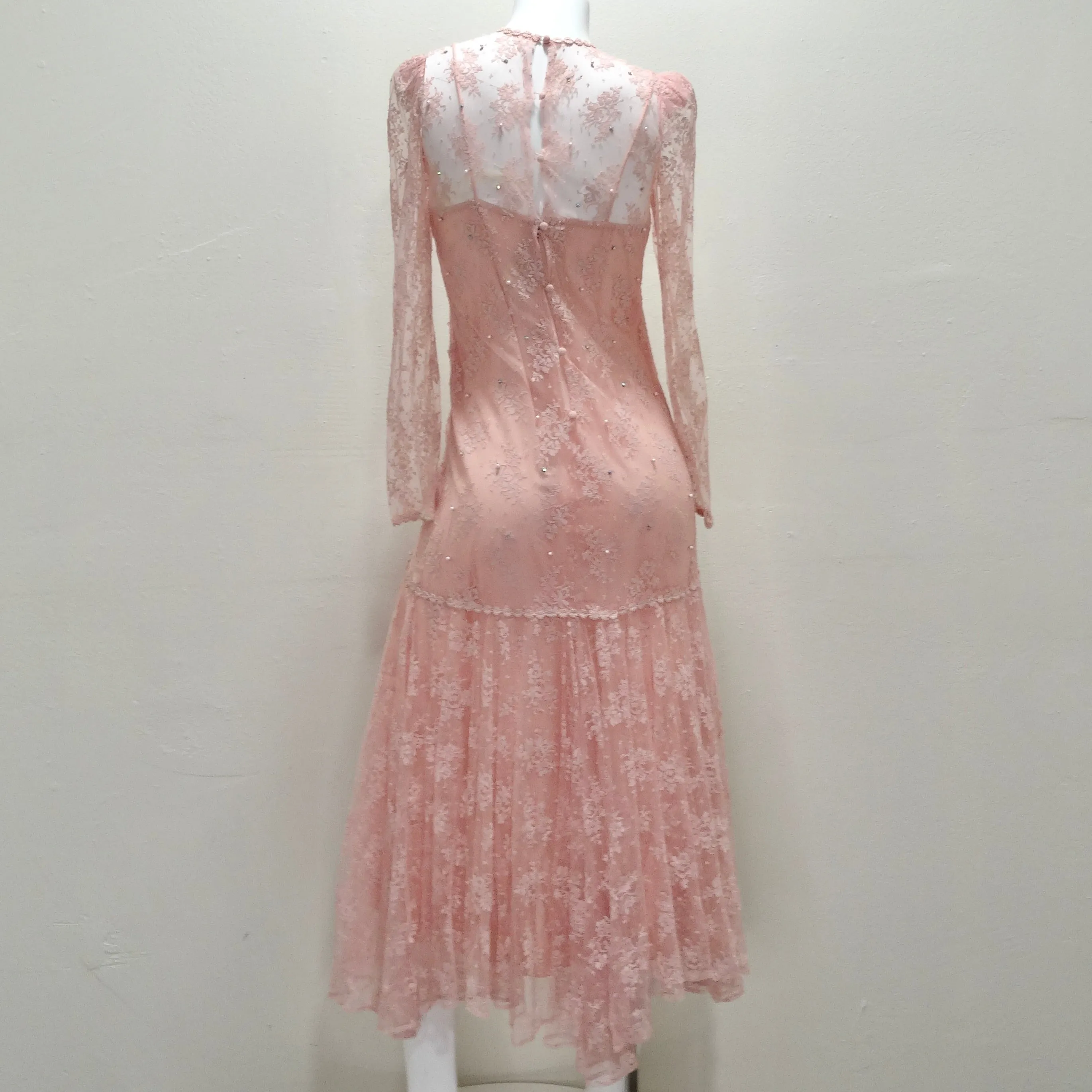 1980s Pink Lace Layered Slip & Long Sleeve Dress