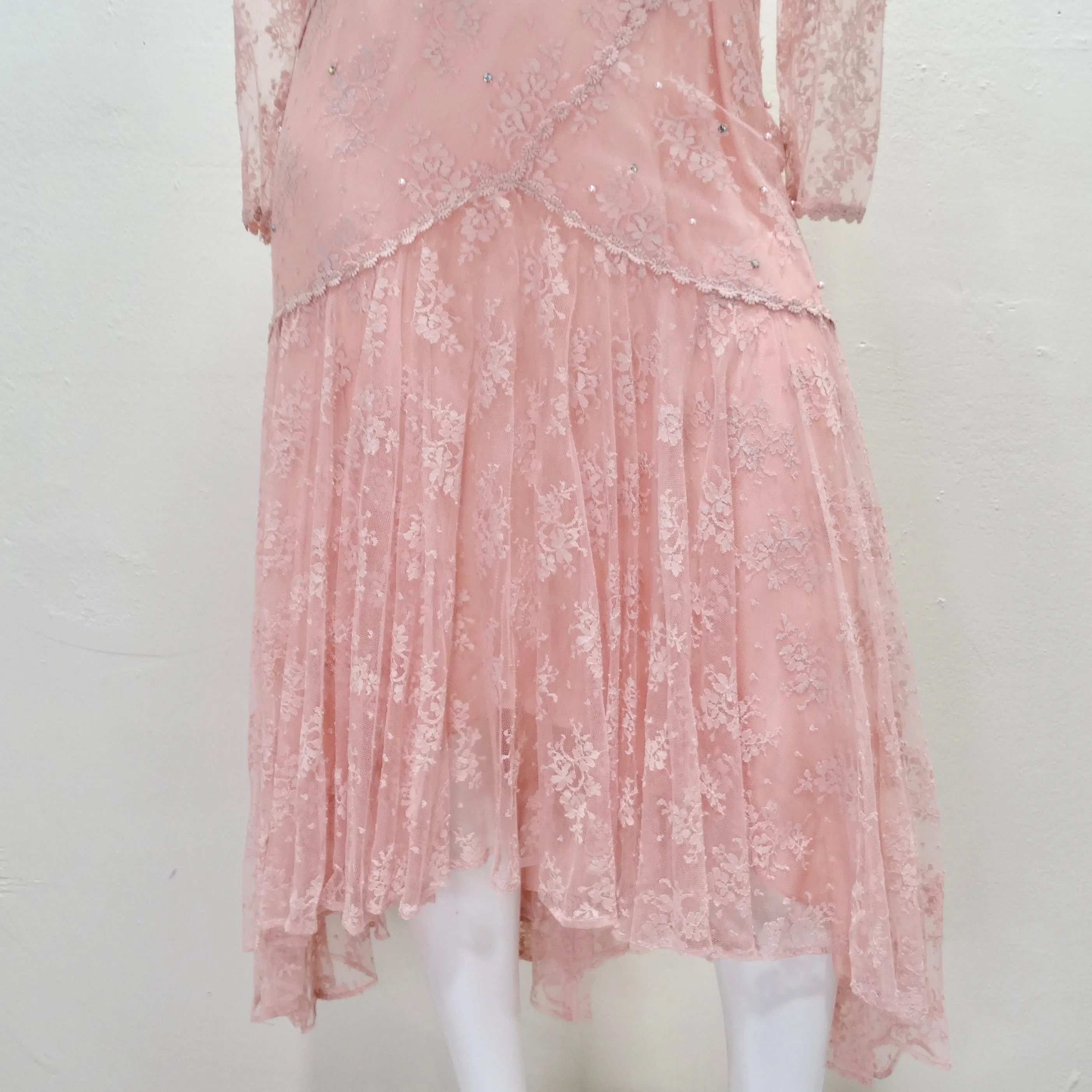 1980s Pink Lace Layered Slip & Long Sleeve Dress