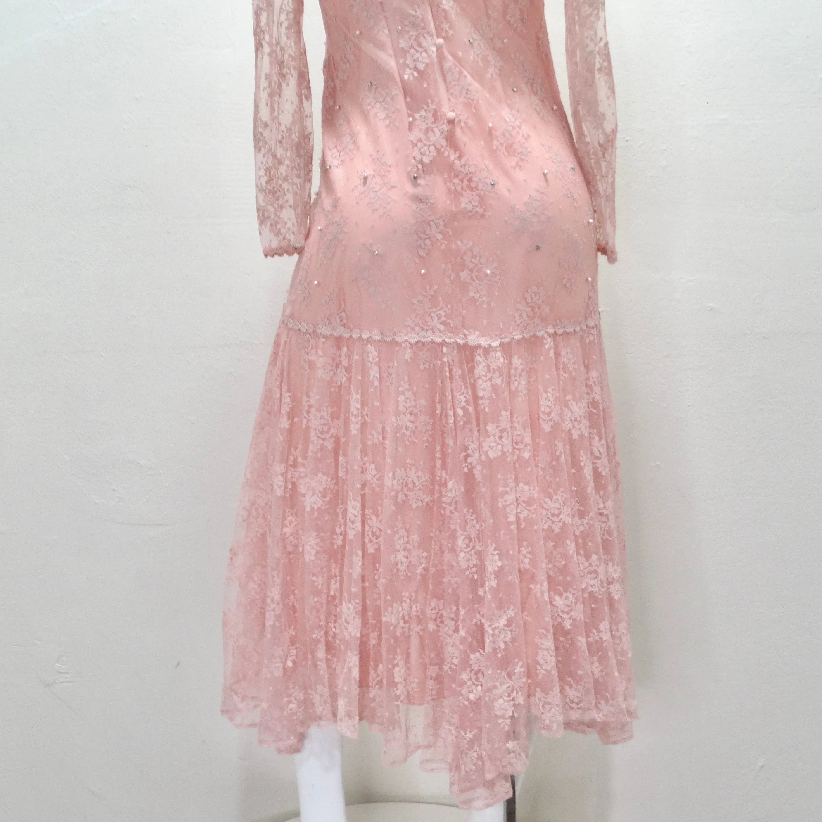 1980s Pink Lace Layered Slip & Long Sleeve Dress