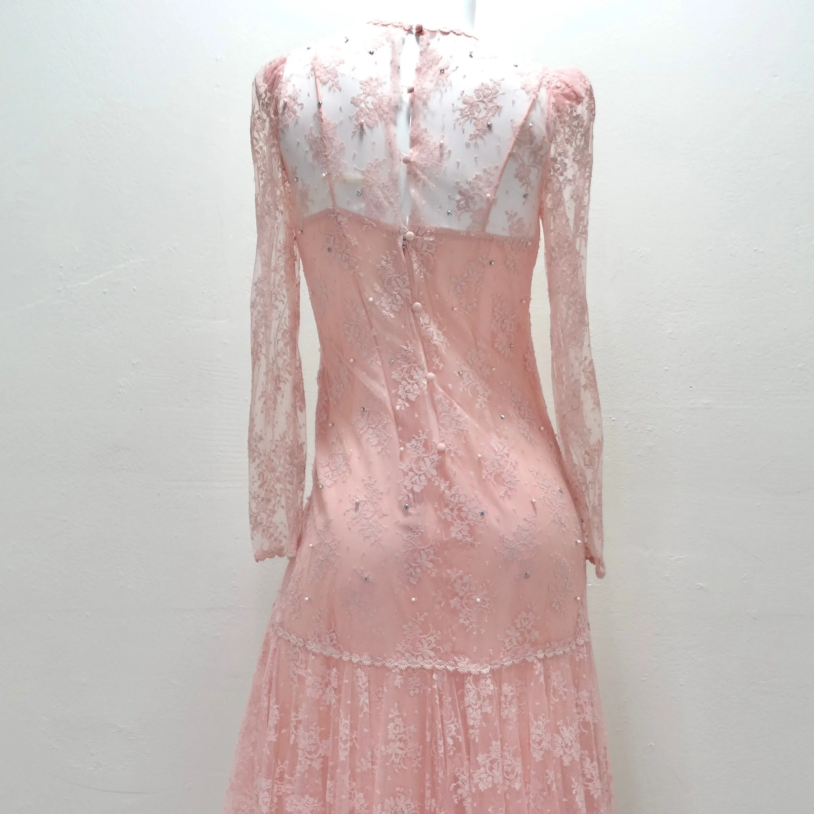 1980s Pink Lace Layered Slip & Long Sleeve Dress