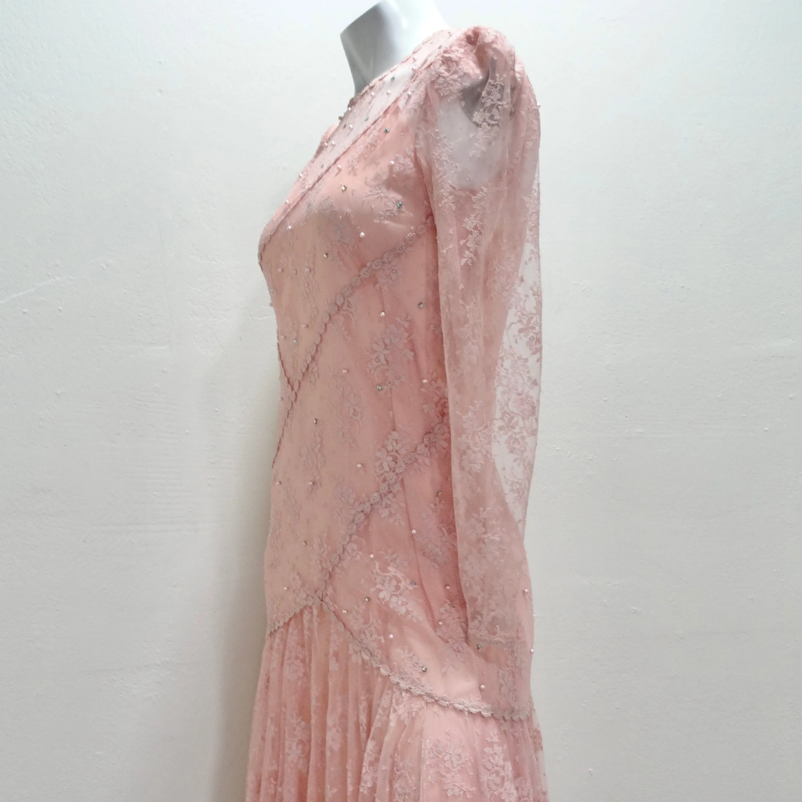 1980s Pink Lace Layered Slip & Long Sleeve Dress