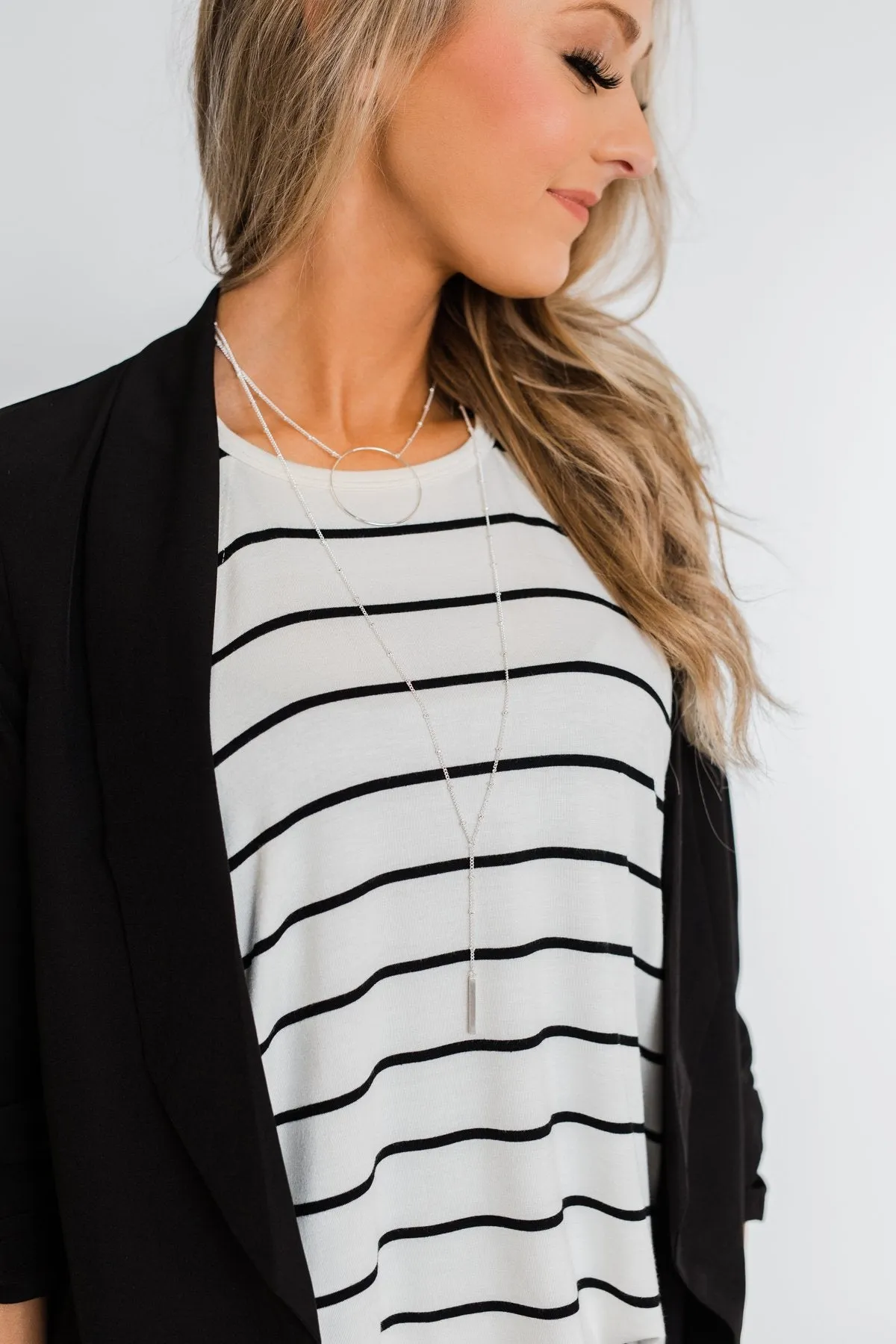 2 Tier Circle & Bar Long Necklace- Silver