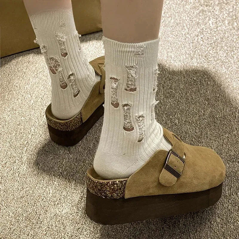 2024 Women's Suede Mules Slippers Platform Flats Boston Clogs Sandals Fashion Outdoor Slip On Beach Sandalias