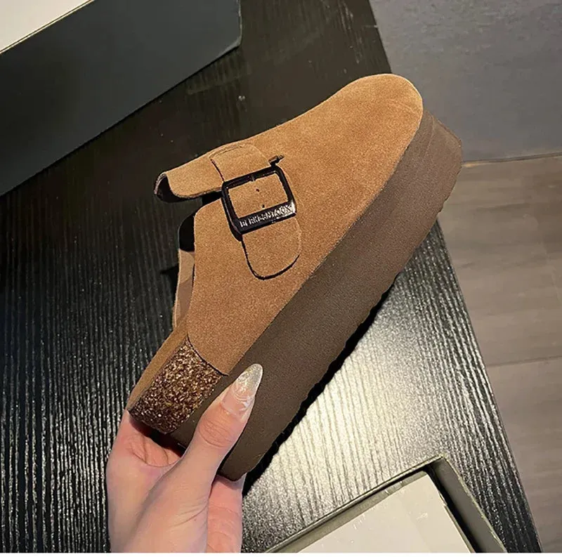 2024 Women's Suede Mules Slippers Platform Flats Boston Clogs Sandals Fashion Outdoor Slip On Beach Sandalias