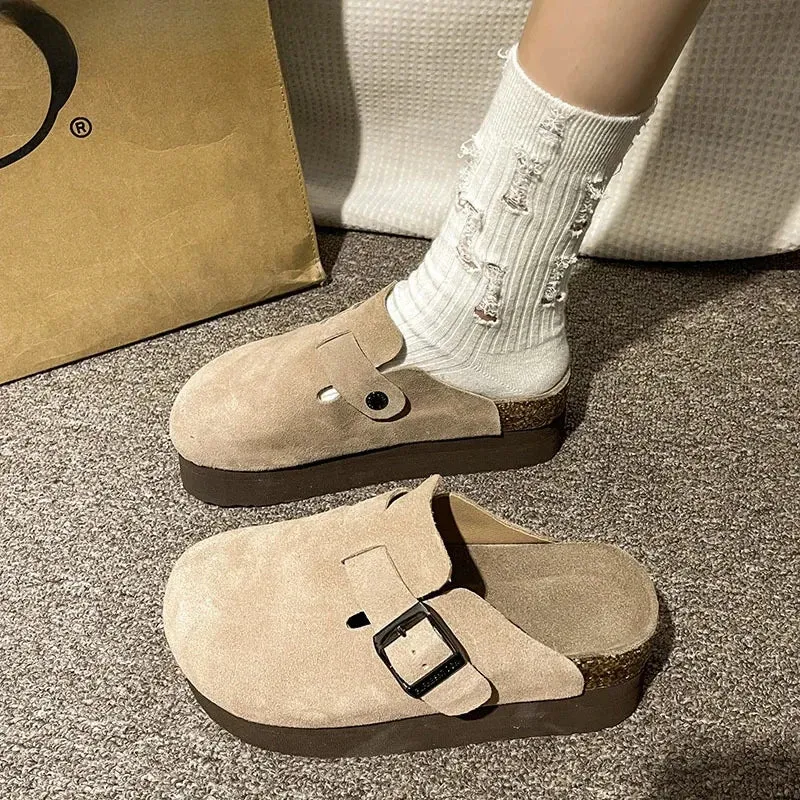 2024 Women's Suede Mules Slippers Platform Flats Boston Clogs Sandals Fashion Outdoor Slip On Beach Sandalias