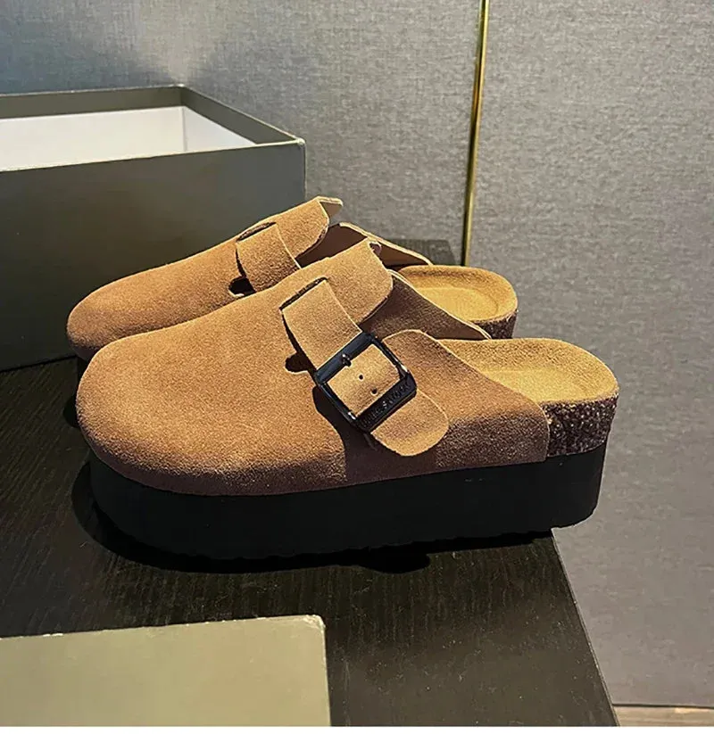 2024 Women's Suede Mules Slippers Platform Flats Boston Clogs Sandals Fashion Outdoor Slip On Beach Sandalias