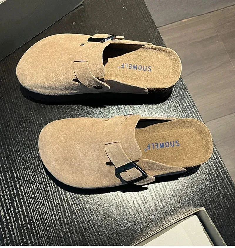 2024 Women's Suede Mules Slippers Platform Flats Boston Clogs Sandals Fashion Outdoor Slip On Beach Sandalias