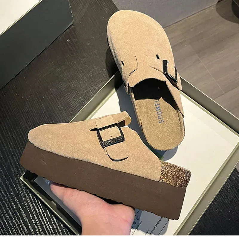 2024 Women's Suede Mules Slippers Platform Flats Boston Clogs Sandals Fashion Outdoor Slip On Beach Sandalias