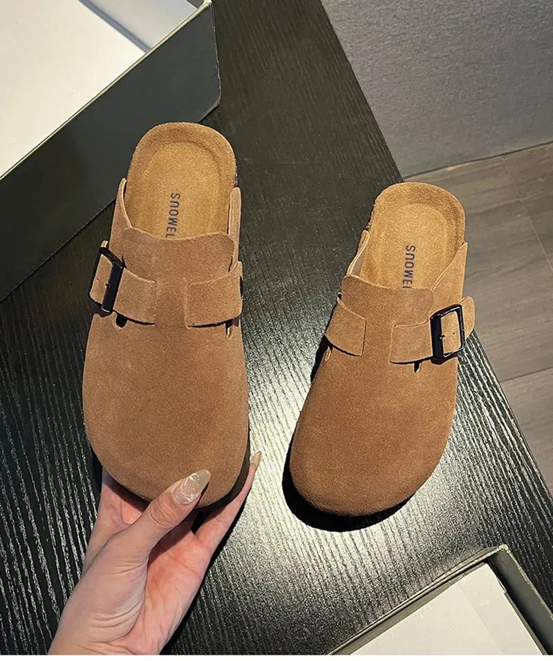 2024 Women's Suede Mules Slippers Platform Flats Boston Clogs Sandals Fashion Outdoor Slip On Beach Sandalias