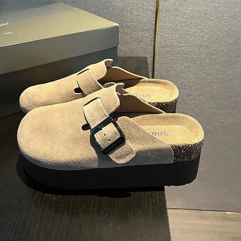 2024 Women's Suede Mules Slippers Platform Flats Boston Clogs Sandals Fashion Outdoor Slip On Beach Sandalias