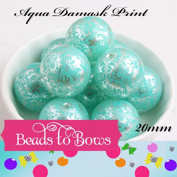 20mm Printed Damask Pearls, Black On White Bubblegum Pearls, Chunky Gumball Beads, Bubblegum Bead Supply, Chunky Printed Pearl Beads