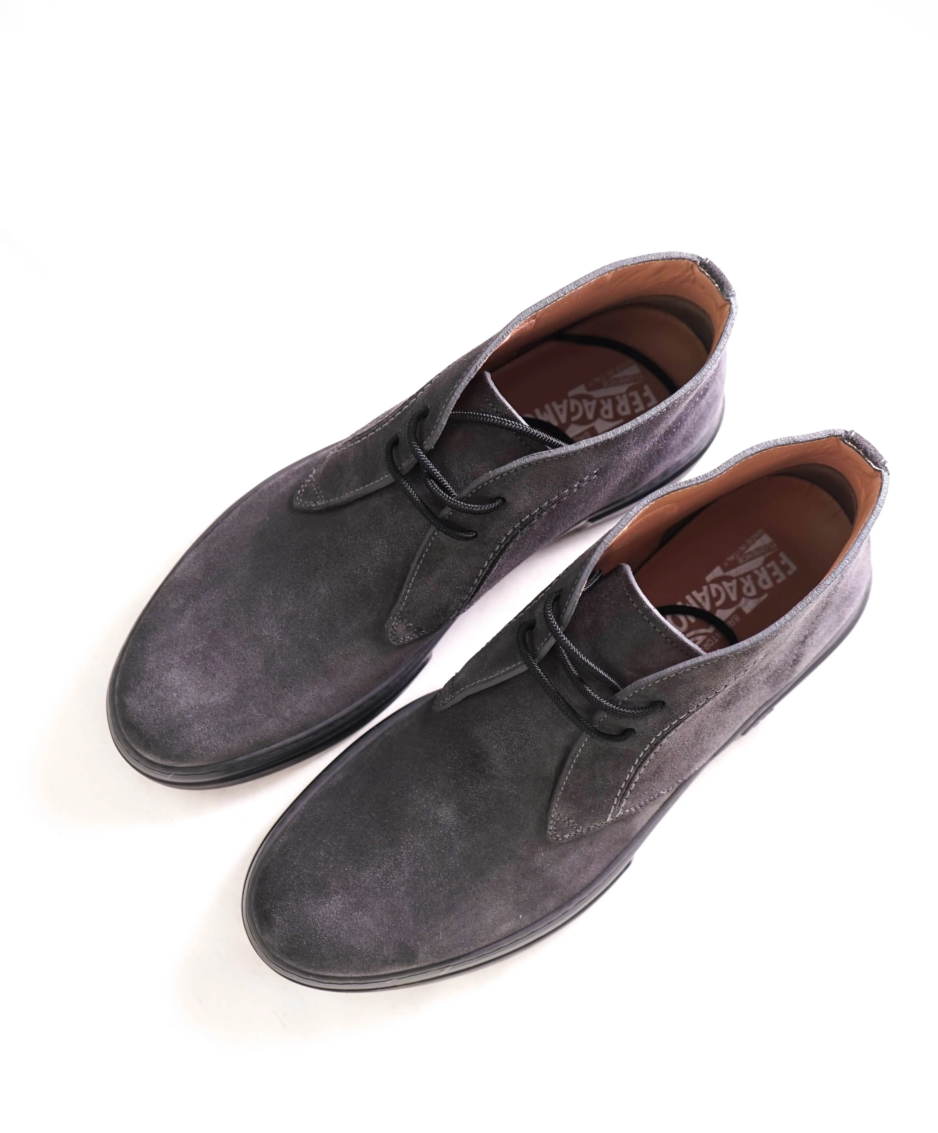 $820 SALVATORE FERRAGAMO - "ALDER" Gray Suede Logo Chukka Boot - 9.5 M US