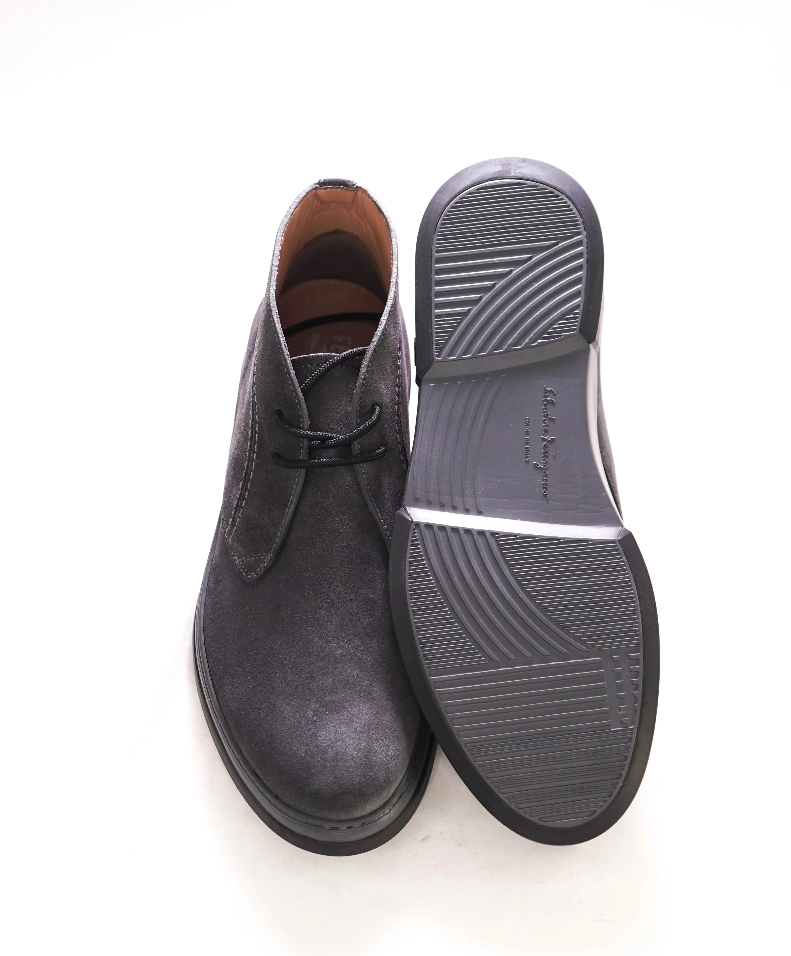 $820 SALVATORE FERRAGAMO - "ALDER" Gray Suede Logo Chukka Boot - 9.5 M US