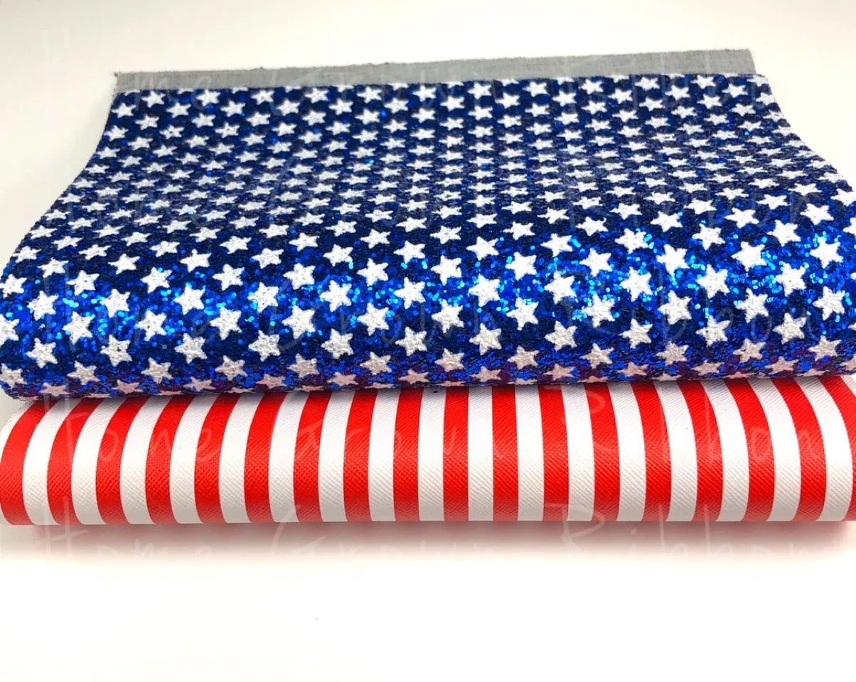 American Flag Faux Leather Sheets - Chunky Glitter Blue and White Stars - Red & White Stripe