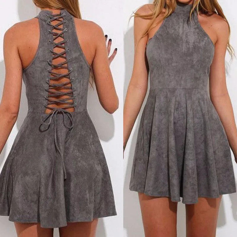 Backless Summer Sleeveless Fit Flare Dress Gray Halter