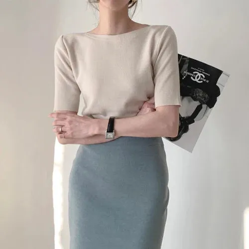 Basic O-Neck Half Sleeve Casual Slim Blouse