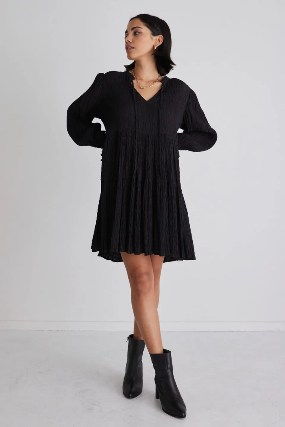 Billie Black Shirred LS Frill V Neck Tiered Mini Dress