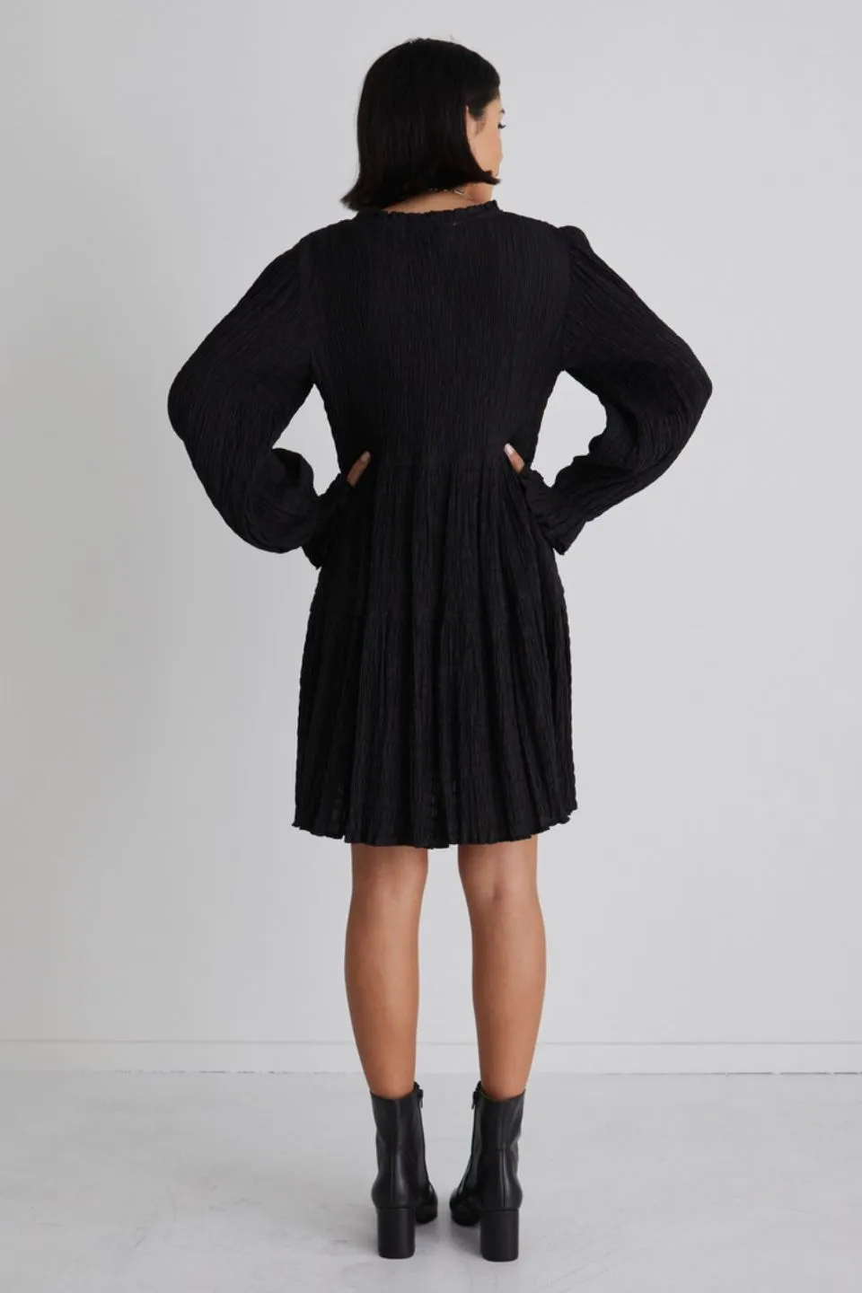 Billie Black Shirred LS Frill V Neck Tiered Mini Dress