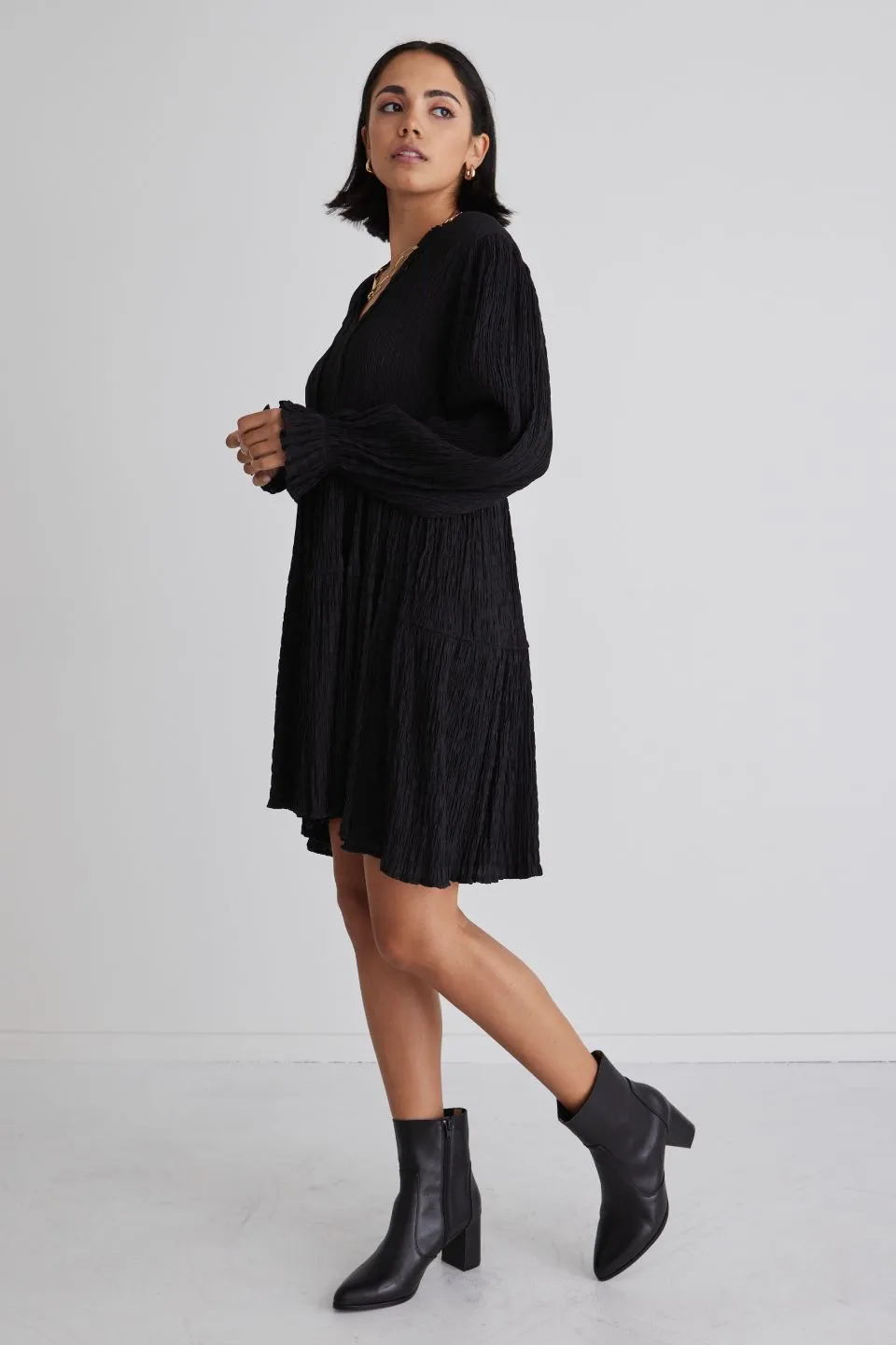 Billie Black Shirred LS Frill V Neck Tiered Mini Dress