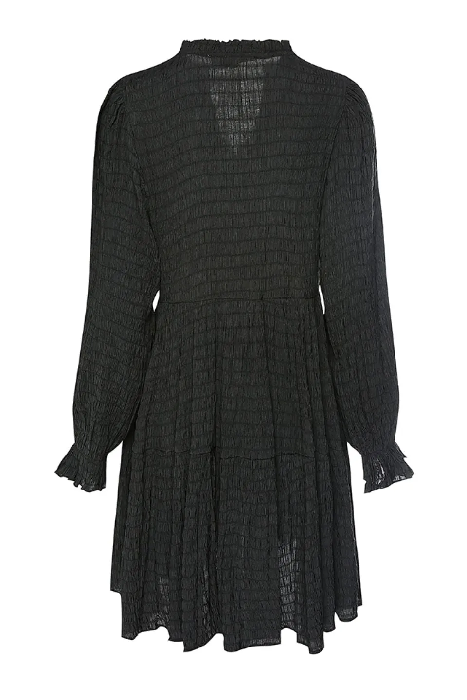 Billie Black Shirred LS Frill V Neck Tiered Mini Dress