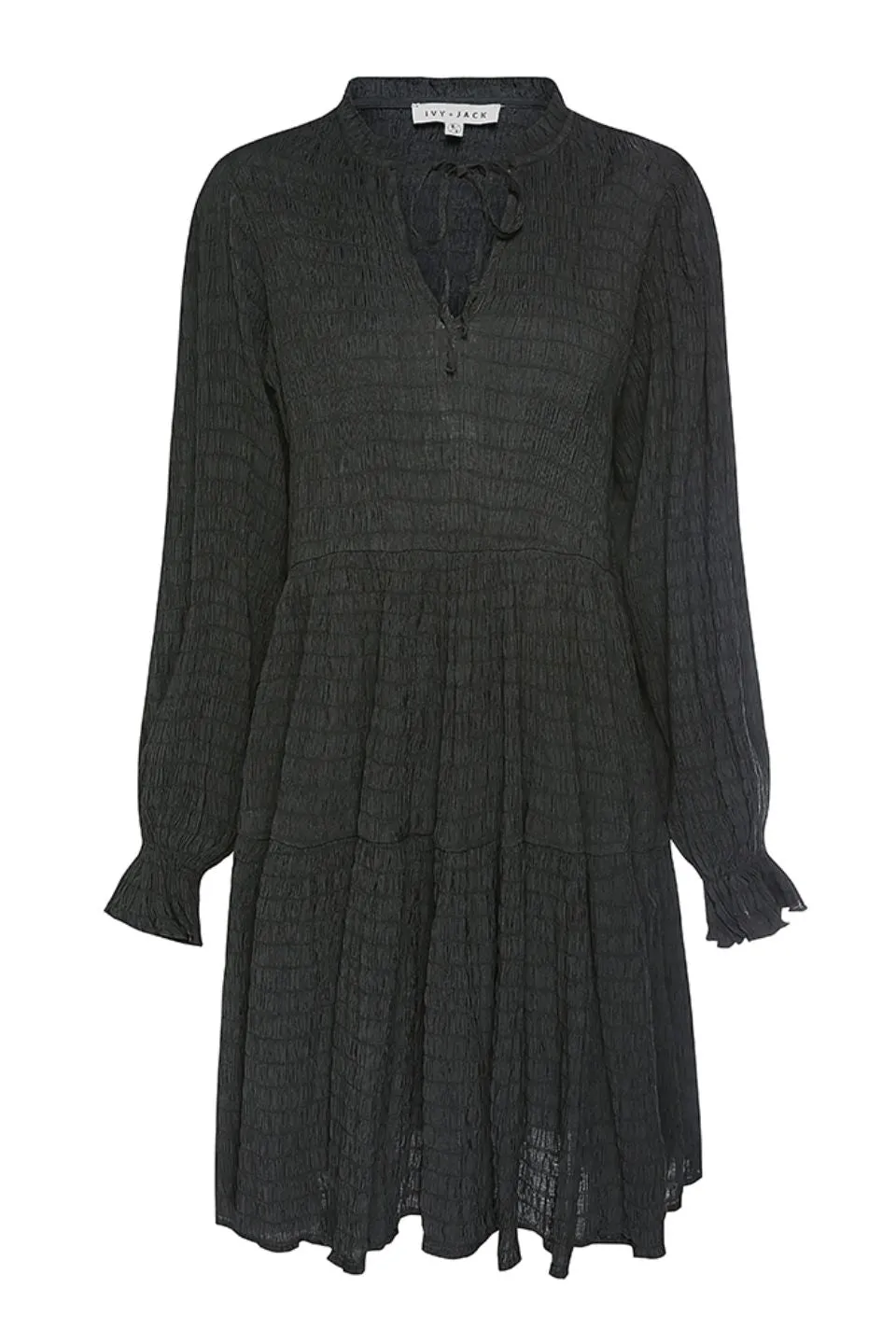 Billie Black Shirred LS Frill V Neck Tiered Mini Dress