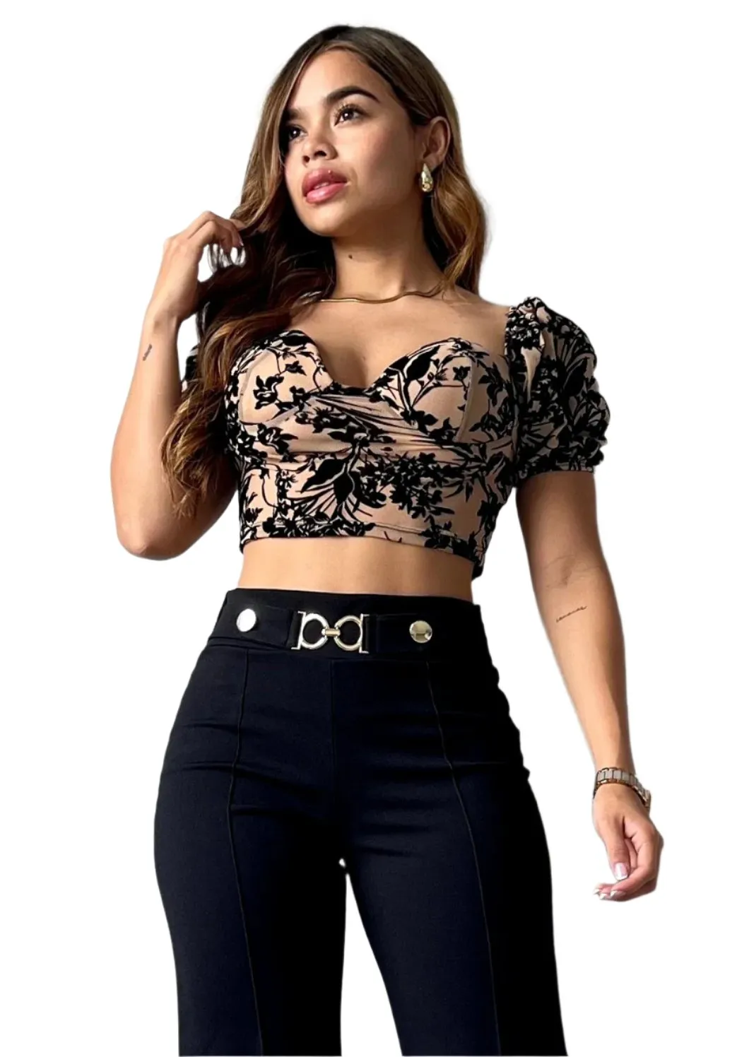 Black and Nude Flower Damask Crop Top