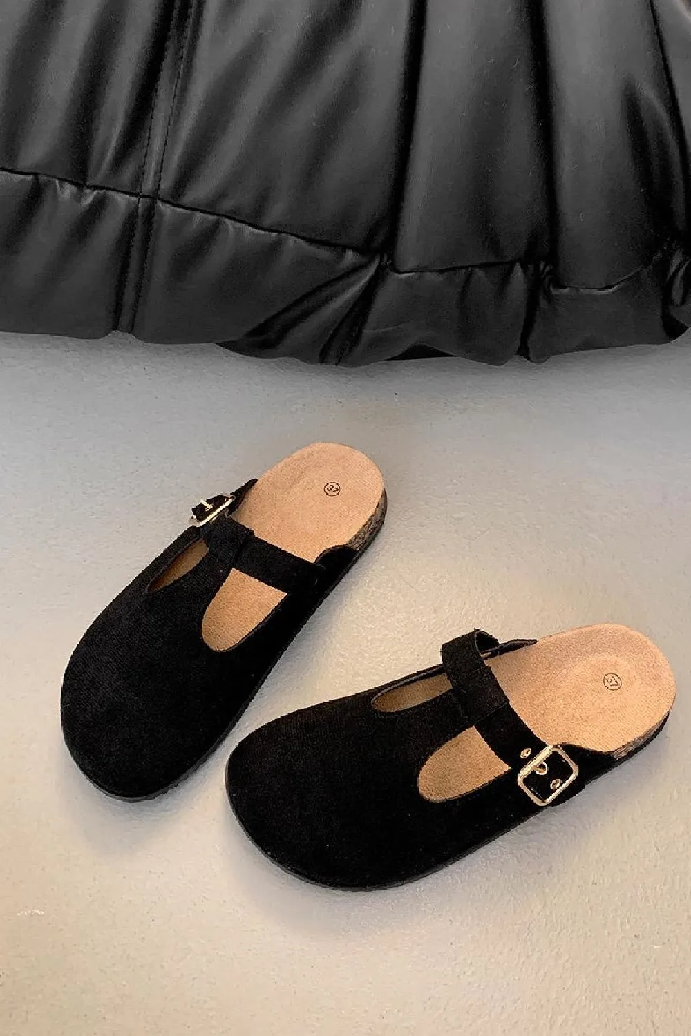BLACK ROUND TOE BUCKLE STRAP CLOGS MULES SLIDER SANDALS