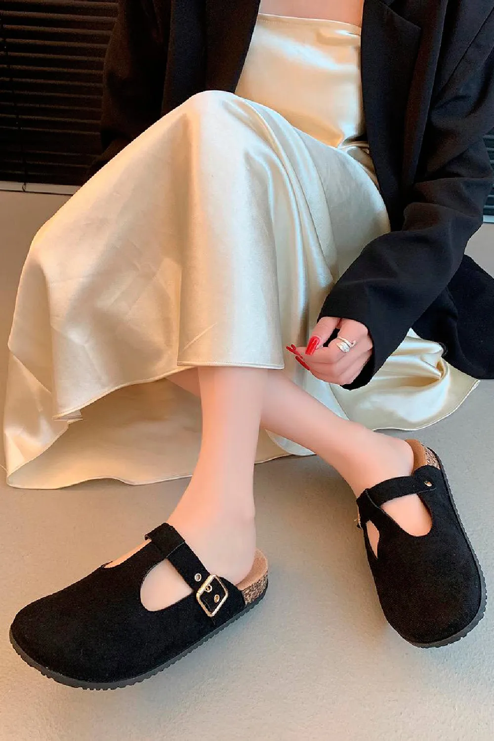 BLACK ROUND TOE BUCKLE STRAP CLOGS MULES SLIDER SANDALS