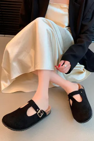 BLACK ROUND TOE BUCKLE STRAP CLOGS MULES SLIDER SANDALS