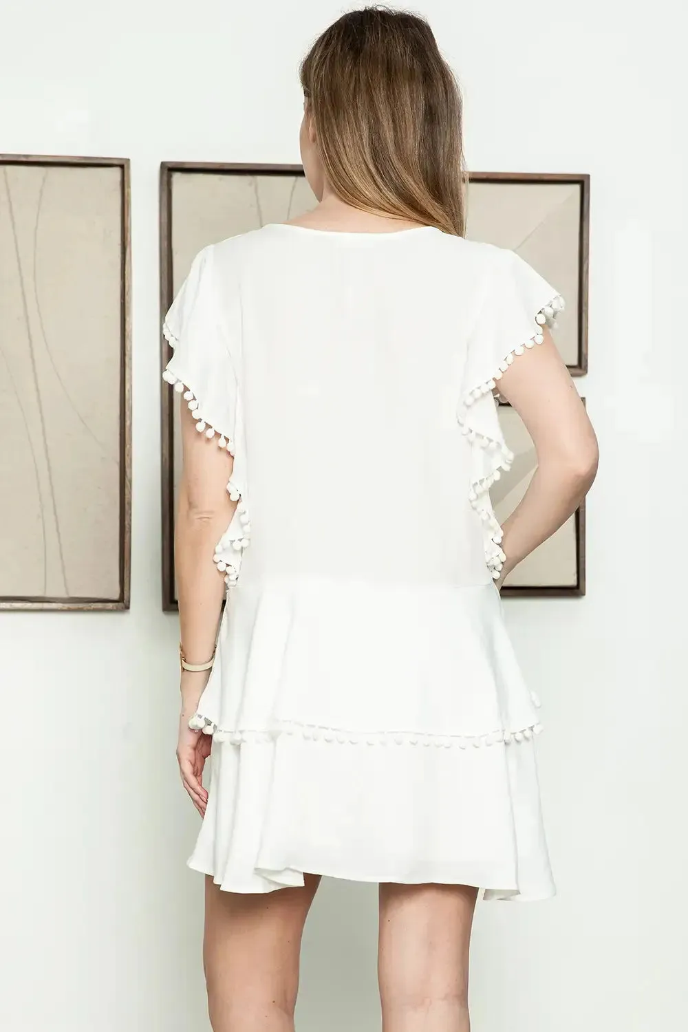 Boho Pompom Sleeveless Round Neckline White Mini Summer Dress