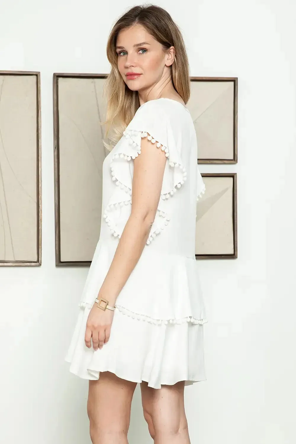 Boho Pompom Sleeveless Round Neckline White Mini Summer Dress