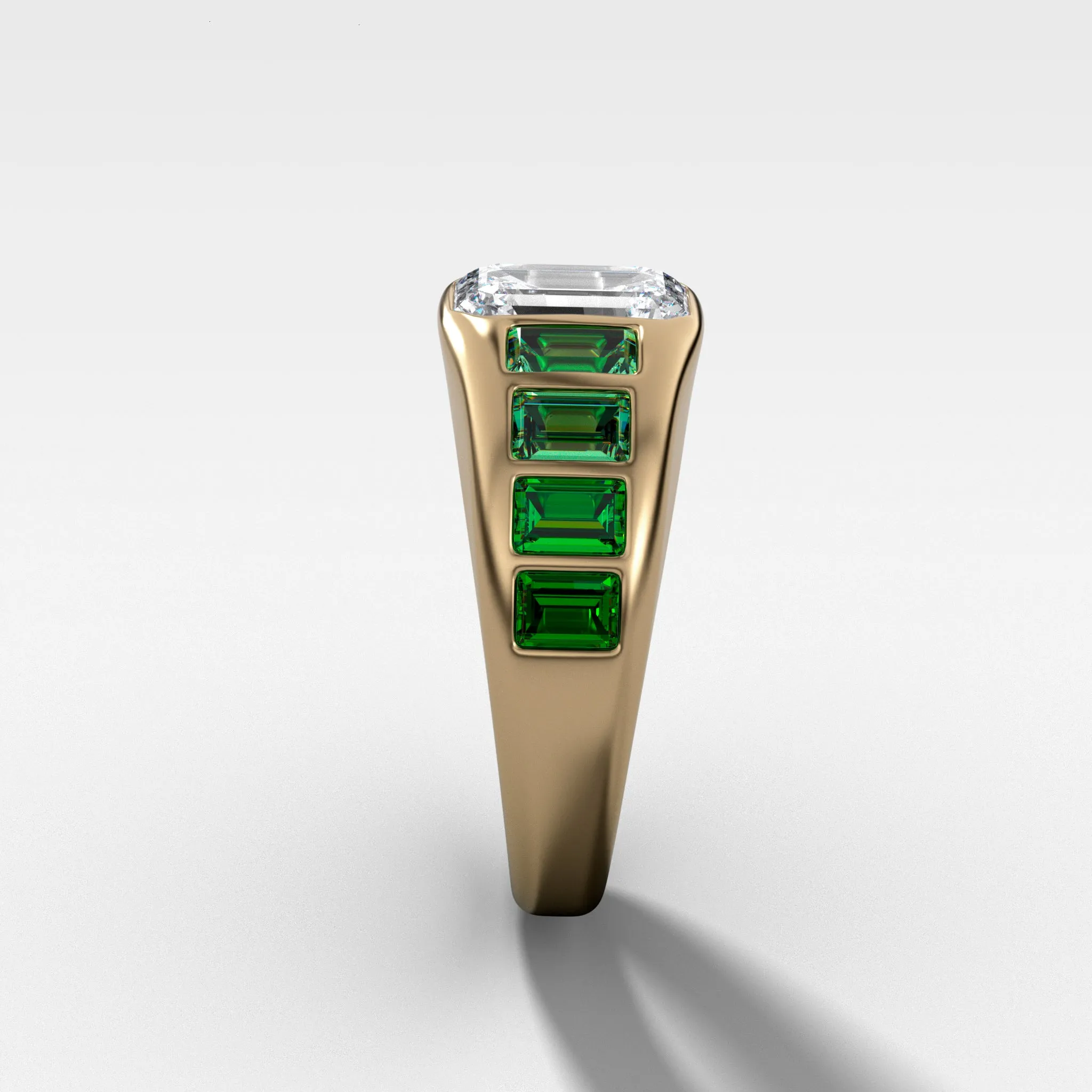 Brick Road Engagement Ring with Green Emeralds and an Emerald Cut