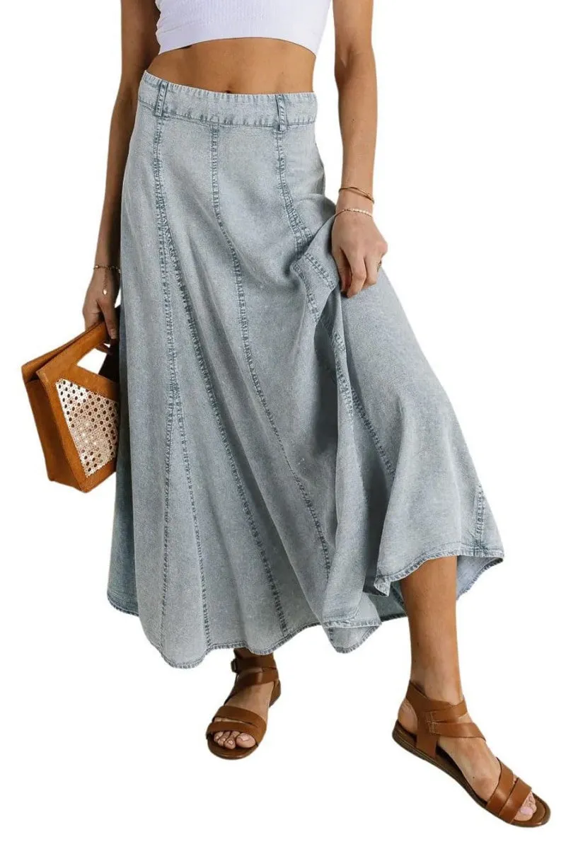 Chouyatou Women Vintage Long Denim Skirt Flowy Big Hem Slouchy Washed Jean Skirt