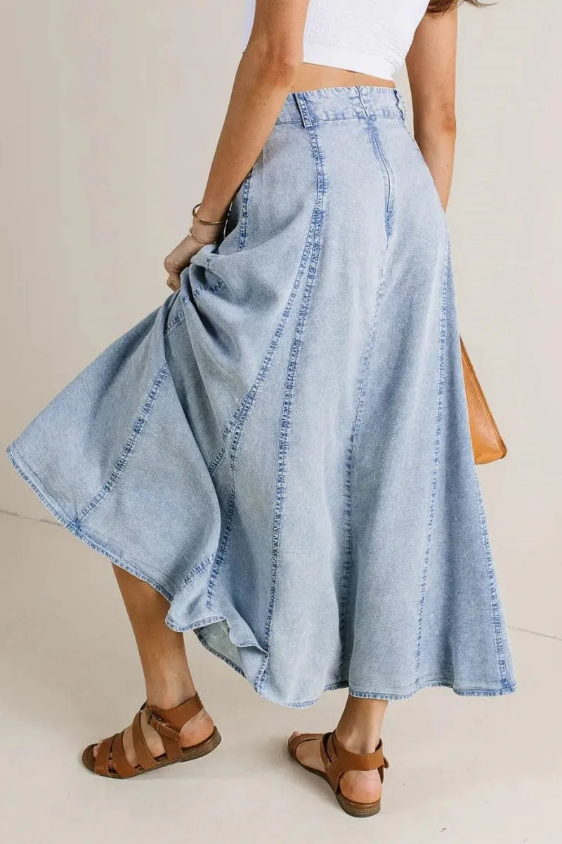 Chouyatou Women Vintage Long Denim Skirt Flowy Big Hem Slouchy Washed Jean Skirt