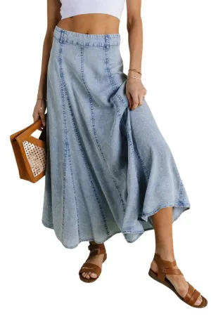 Chouyatou Women Vintage Long Denim Skirt Flowy Big Hem Slouchy Washed Jean Skirt