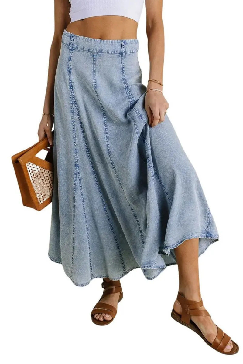 Chouyatou Women Vintage Long Denim Skirt Flowy Big Hem Slouchy Washed Jean Skirt
