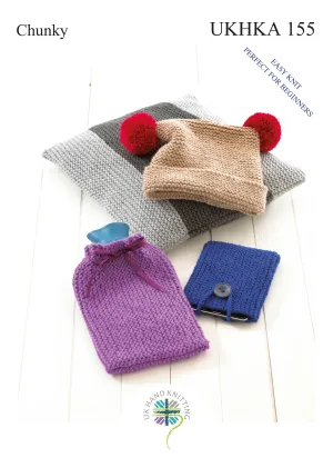 Chunky Yarn Knitting Pattern Easy Knit Hat Cushion Hot Water Bottle Phone Covers