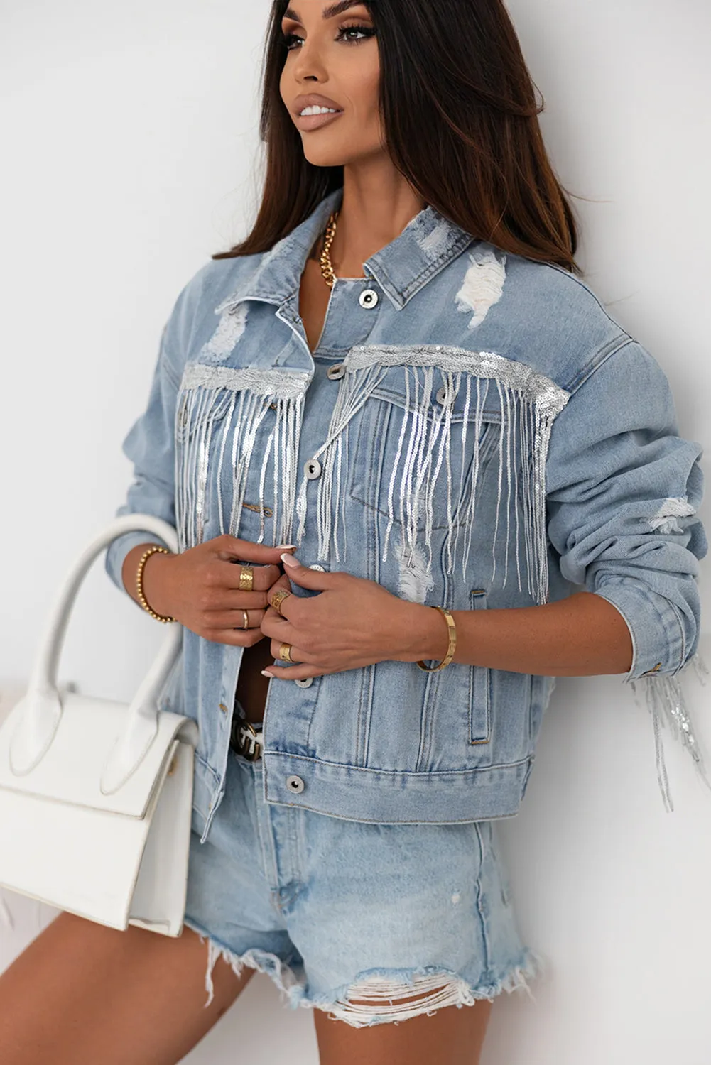 Classic Twist Sequin Fringe Denim Jacket