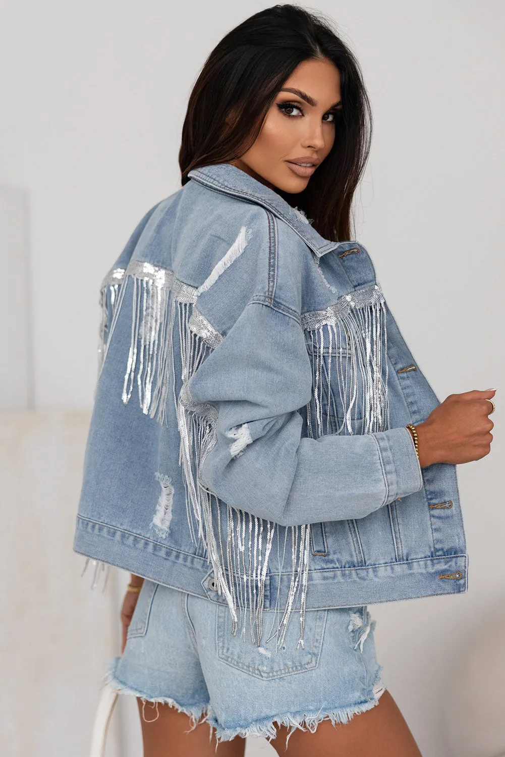 Classic Twist Sequin Fringe Denim Jacket