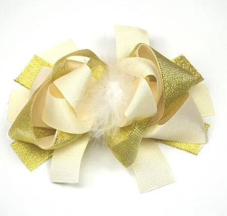 Cream, Gold and Marabou 6in Boutique Bow