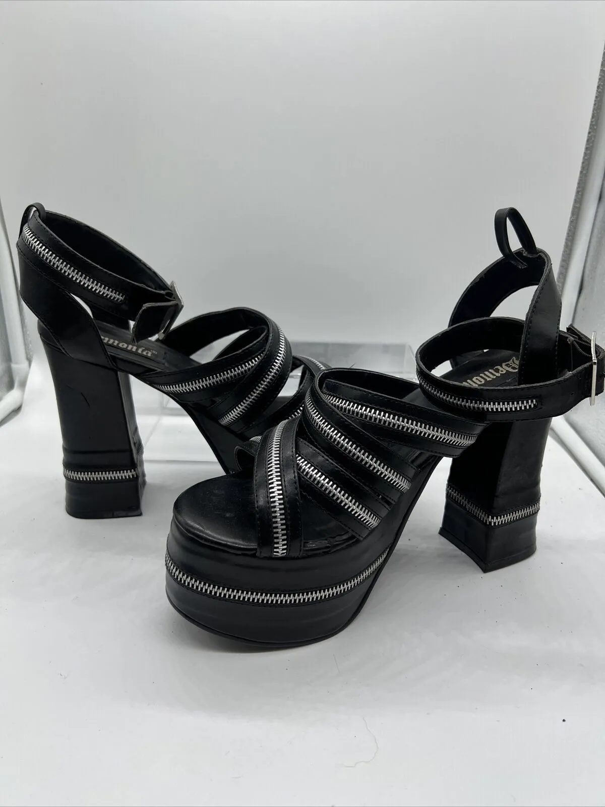 Demonia Charade 32 Chunky Heel Sandal Zipper Detail 4”  High Shoe Platform