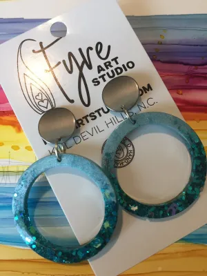 Earrings - Boho Baby Blue and Turquoise Glitter Resin Ring Earrings
