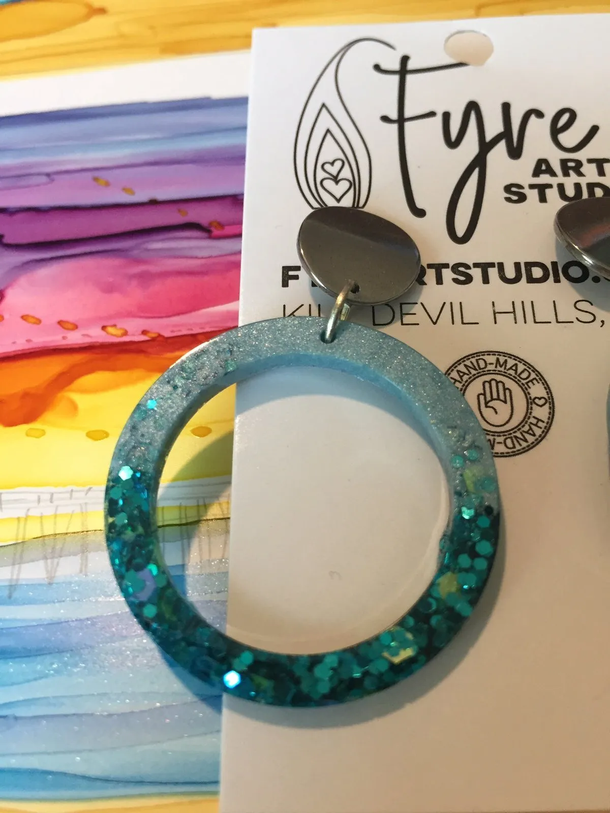 Earrings - Boho Baby Blue and Turquoise Glitter Resin Ring Earrings