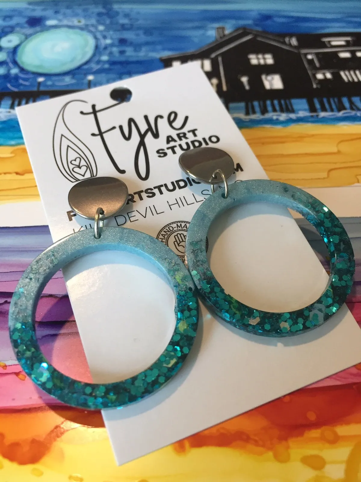 Earrings - Boho Baby Blue and Turquoise Glitter Resin Ring Earrings