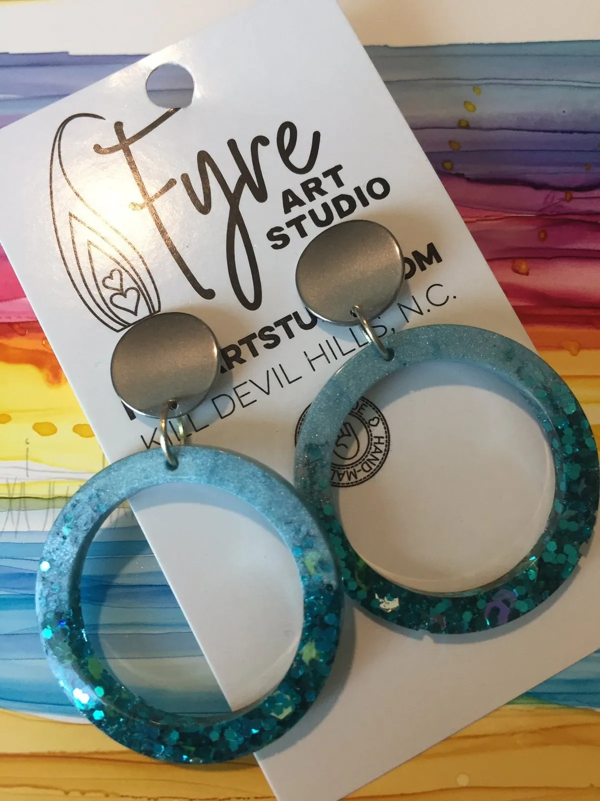 Earrings - Boho Baby Blue and Turquoise Glitter Resin Ring Earrings