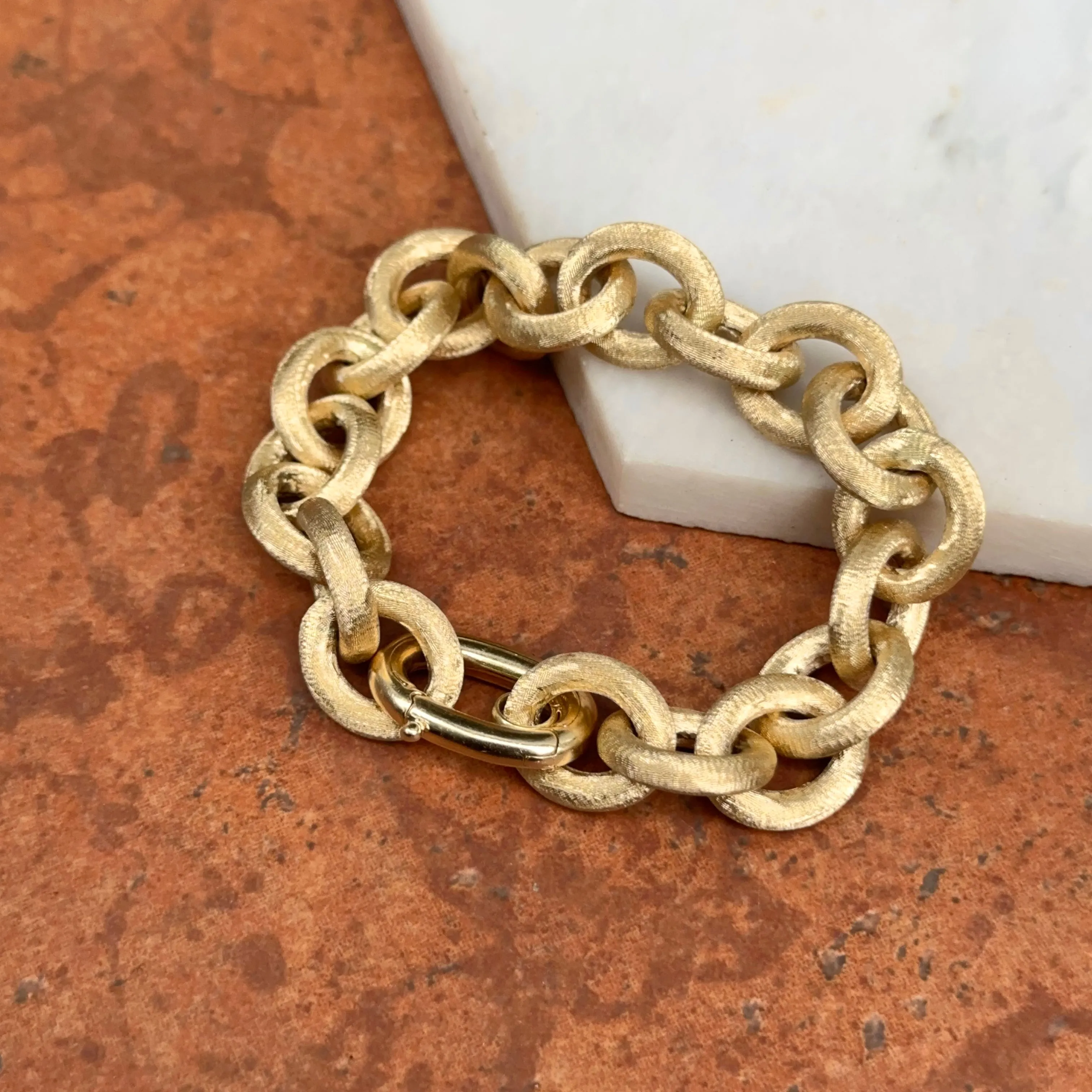 Estate 14KT Yellow Gold Matte Finish 13mm Rolo Chain Bracelet